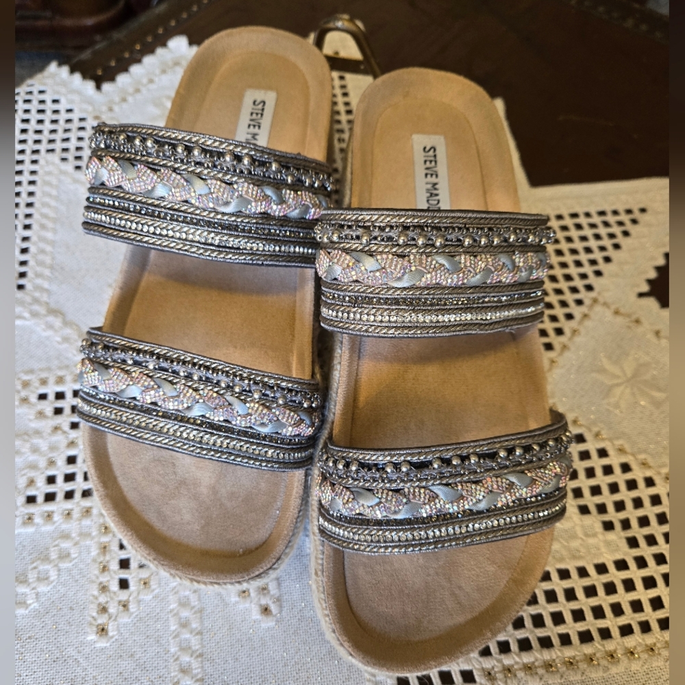 Steve Madden Metallic Braided Platform Slide Sandals - Silver - Picture 2 of 12